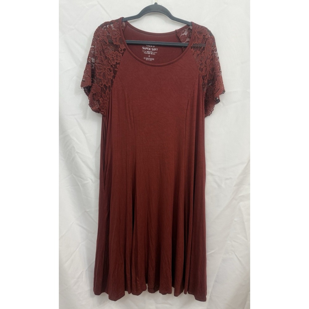 Torrid‎ Super Soft Trapeze Dress Womens 1X Rust  Lace Short Sleeves Knit